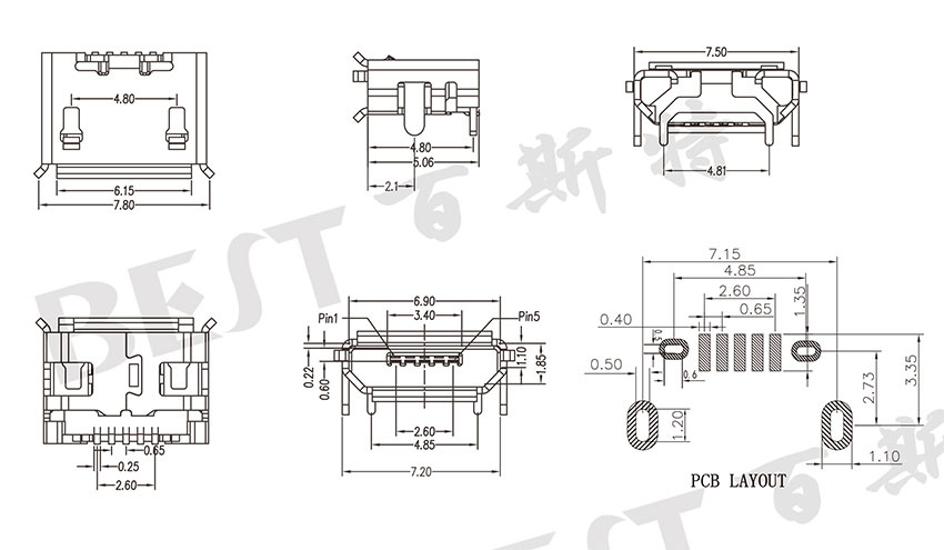 USB母座USB-MC-001-05參考圖紙