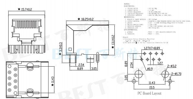 rj45插座5621-10P8C規(guī)格圖紙